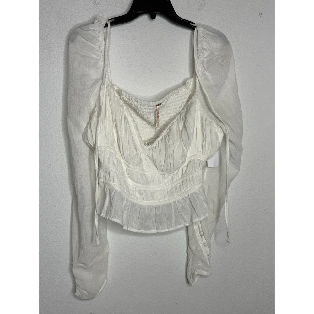 Free People Blouse Top Smocked White Ruffle Hem Boho Babydoll Coquette NWT XL